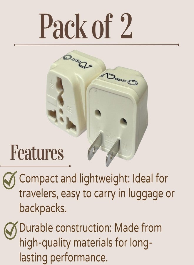 Adaptro India to USA, Japan, Canada, Plug Converter for Travel US, Philippines, Mexico, Brazil, Cuba, Thailand, Taiwan, Panama etc. Type A Universal Adapter (Pack of 2) White - Image 2